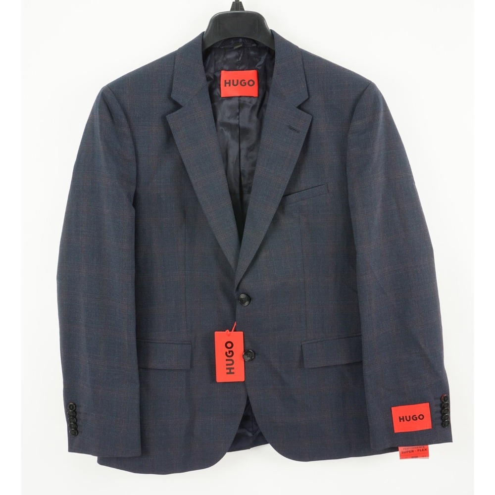 New $495 Hugo Boss Super Flex Transseasonal Mens 38R Dark Blue Plaid Suit Jacket